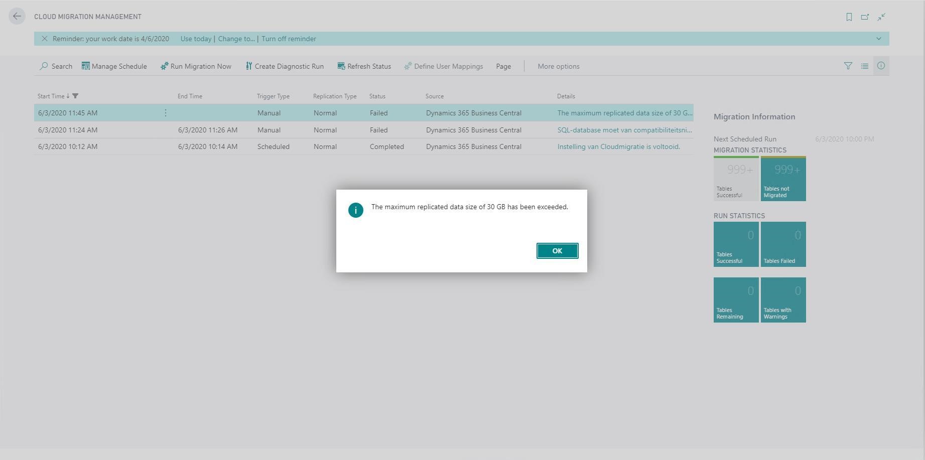 Figure 1. Error message in Dynamics 365 Business Central SaaS