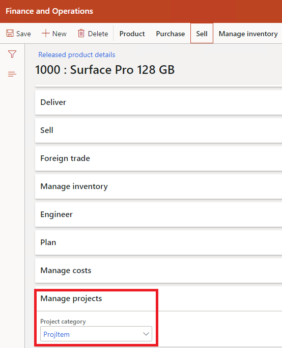 Project category setup from released product details