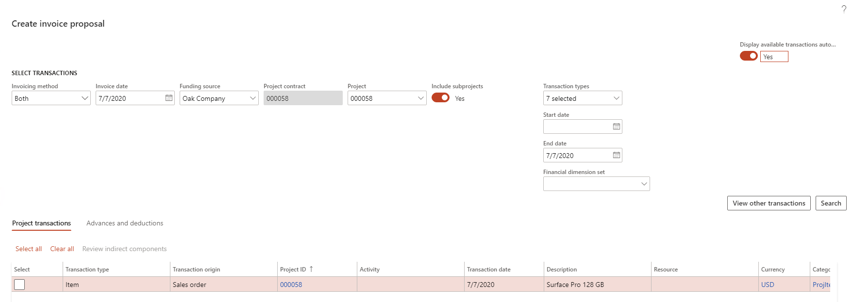 Project invoice proposal creation dialog box showing sales order transactions