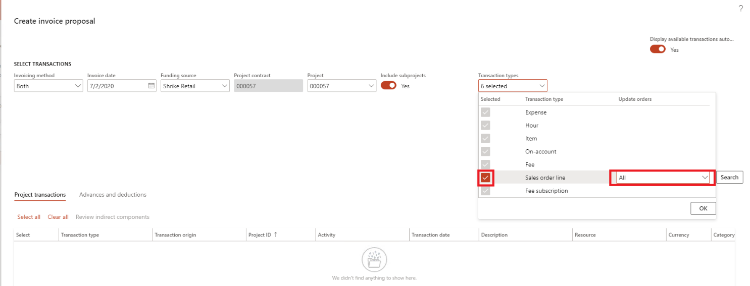 Select transaction type Sales order line and set update orders to ‘All’